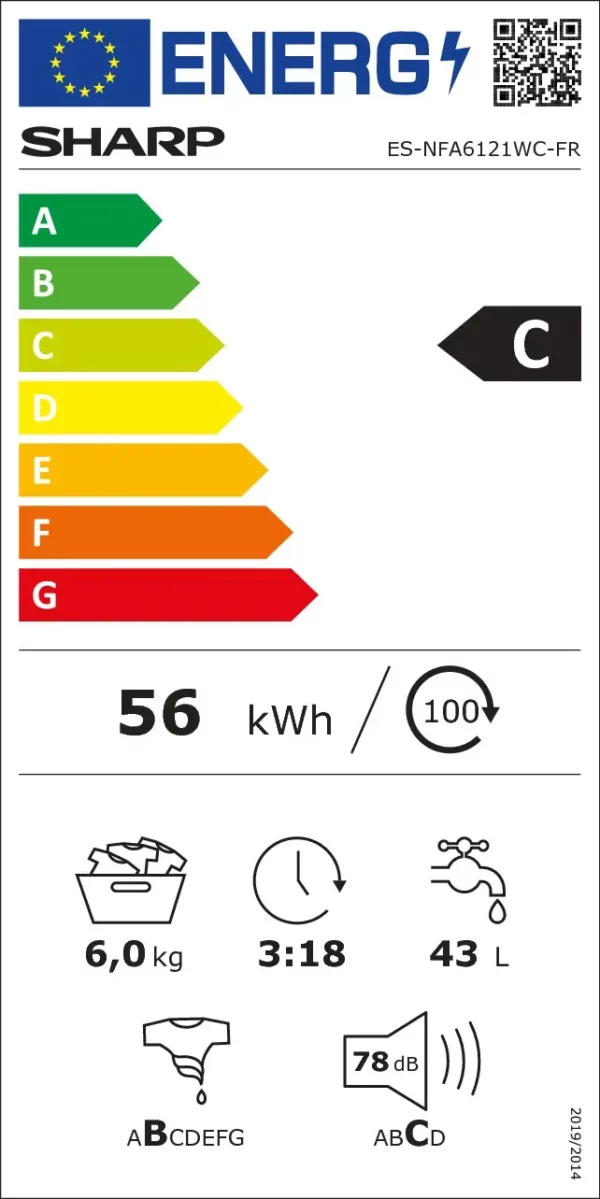SHARP LAVE LINGE FRONTAL 6KG 1200 TR ESNFA6121WC – Image 2